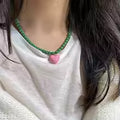 Pink Love Heart Green Beaded Necklace