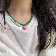 Pink Love Heart Green Beaded Necklace
