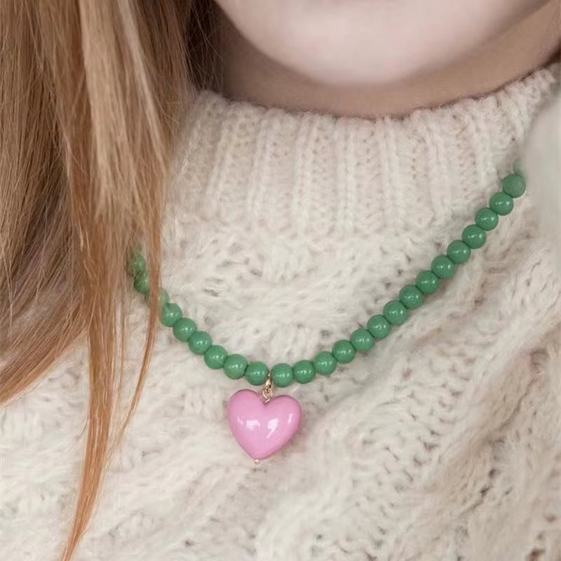 Pink Love Heart Green Beaded Necklace