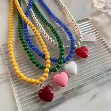 Pink Love Heart Green Beaded Necklace