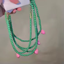 Pink Love Heart Green Beaded Necklace